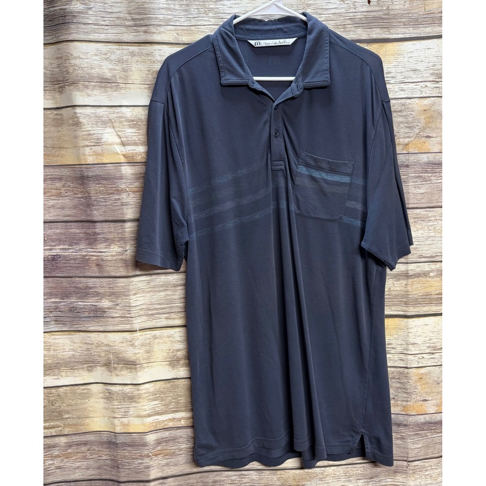 TravisMathew Mens Navy Blue Striped Pocket Polo Shirt Large Short Sleeve Golf